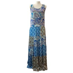 Soft Surroundings Patchwork Maxi Dress Size M Sleeveless Tiered Blue‎ Brown Boho